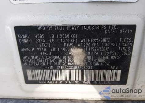 2011 Subaru Outback 2.5I Premium z USA, uszkodzony, nr VIN 4S4BRCCC4B3328234